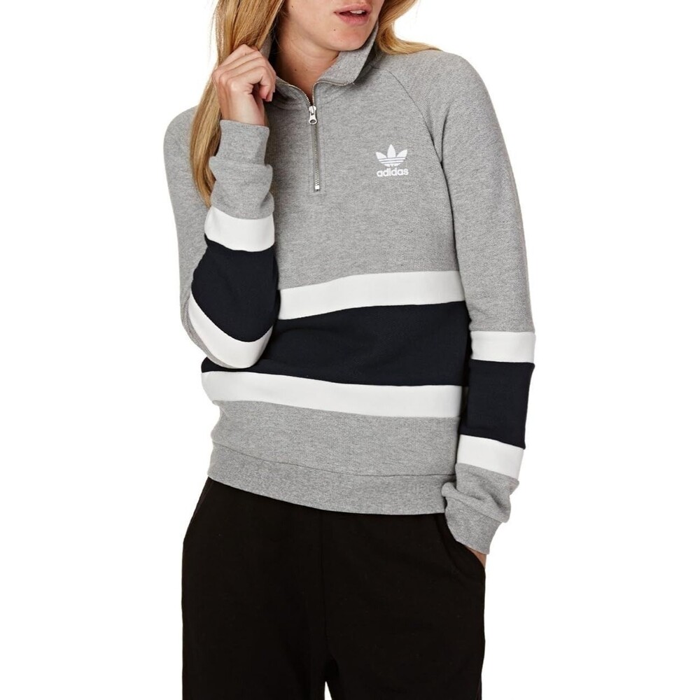 Adidas Originals Womens Half-Zip Sweater Classic Cut Sweatshirt Size L Gray/Navy